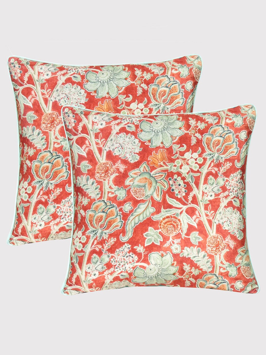 

OUSSUM Red & Green Set of 2 Floral Velvet Square Cushion Covers