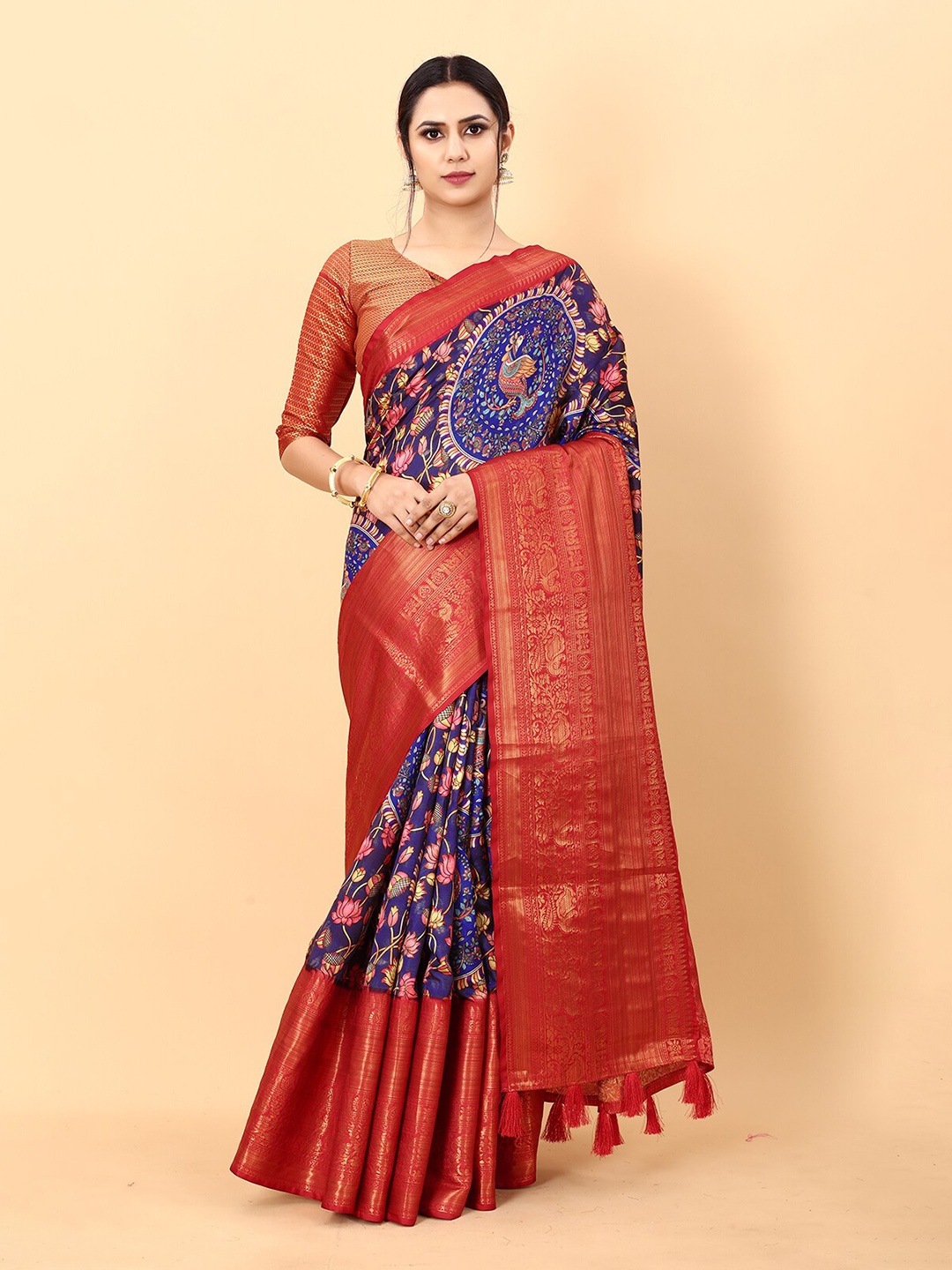 

MARGI DESIGNERS Navy Blue & Red Kalamkari Zari Silk Blend Banarasi Saree
