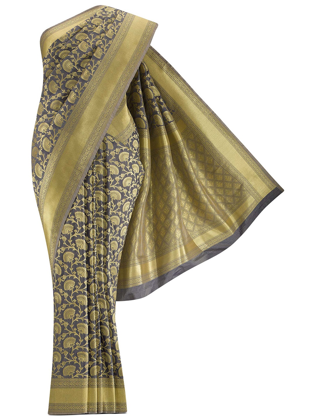 

Nalli Next Grey & Gold-Toned Floral Zari Art Silk Banarasi Saree