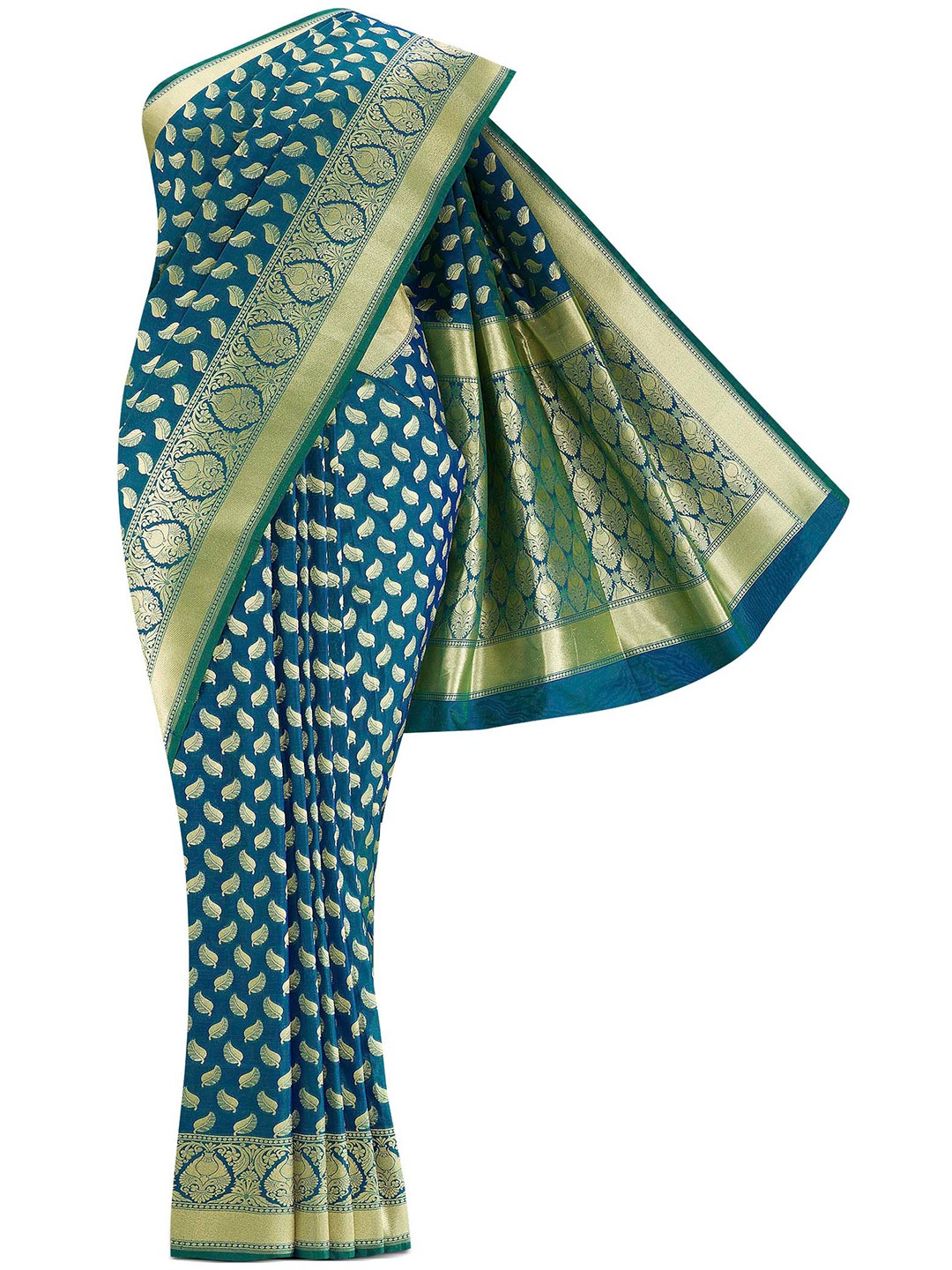 

Nalli Next Teal & Gold-Toned Ethnic Motifs Zari Art Silk Banarasi Saree