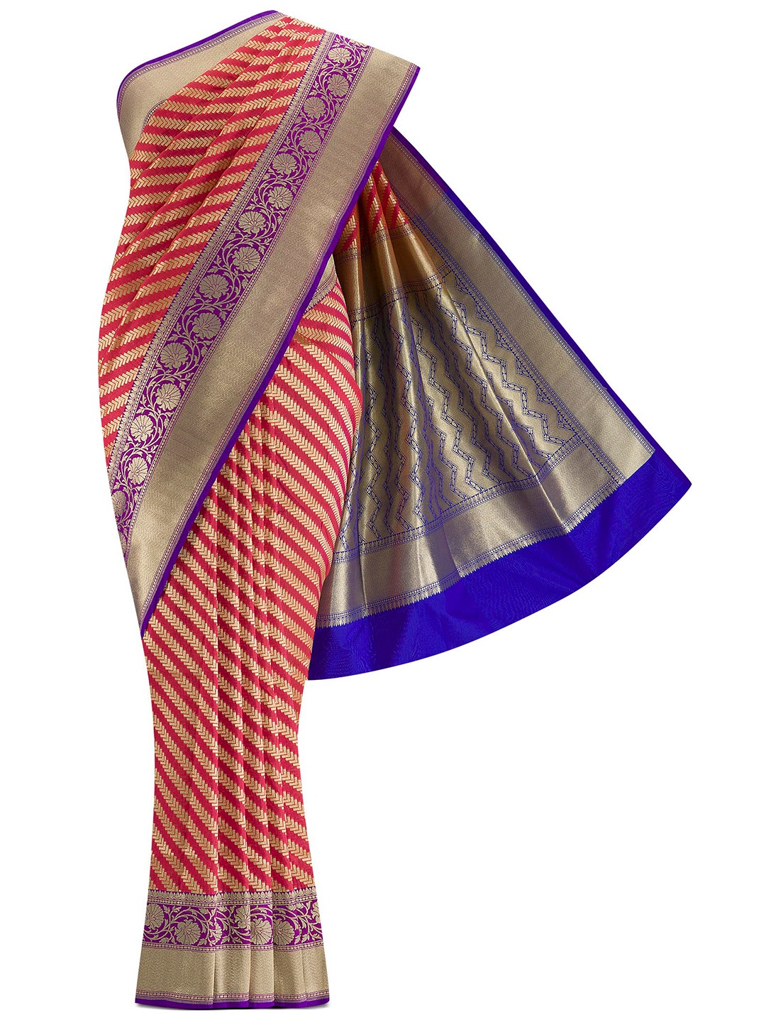 

Nalli Next Red & Gold-Toned Striped Zari Art Silk Banarasi Saree