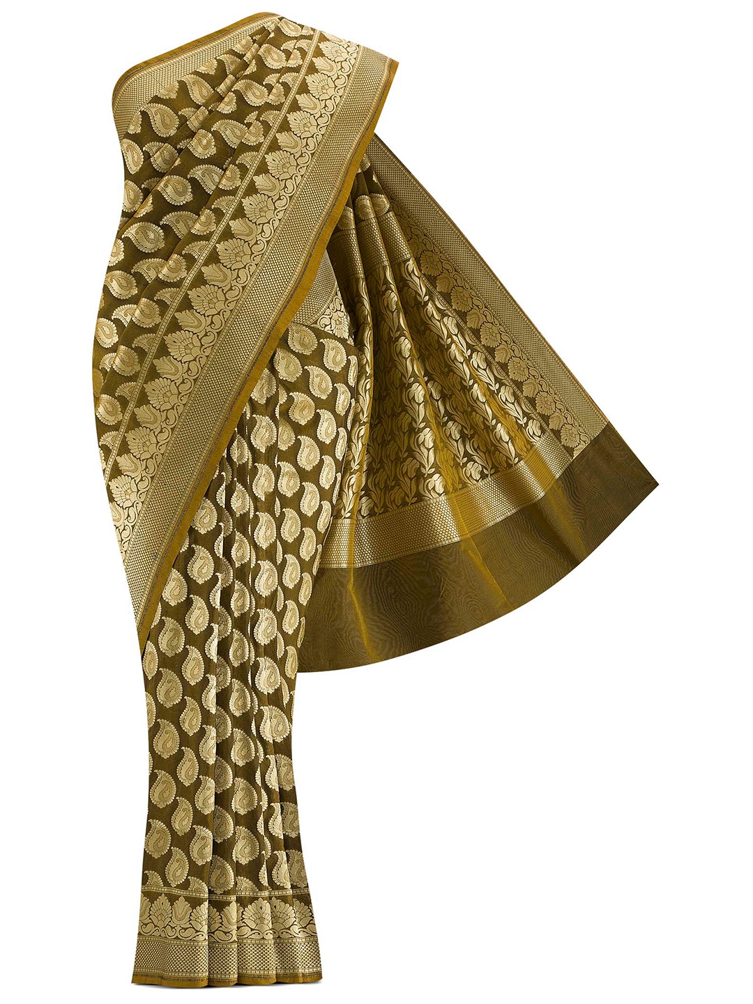 

Nalli Next Olive Green & Gold-Toned Ethnic Motifs Zari Art Silk Banarasi Saree
