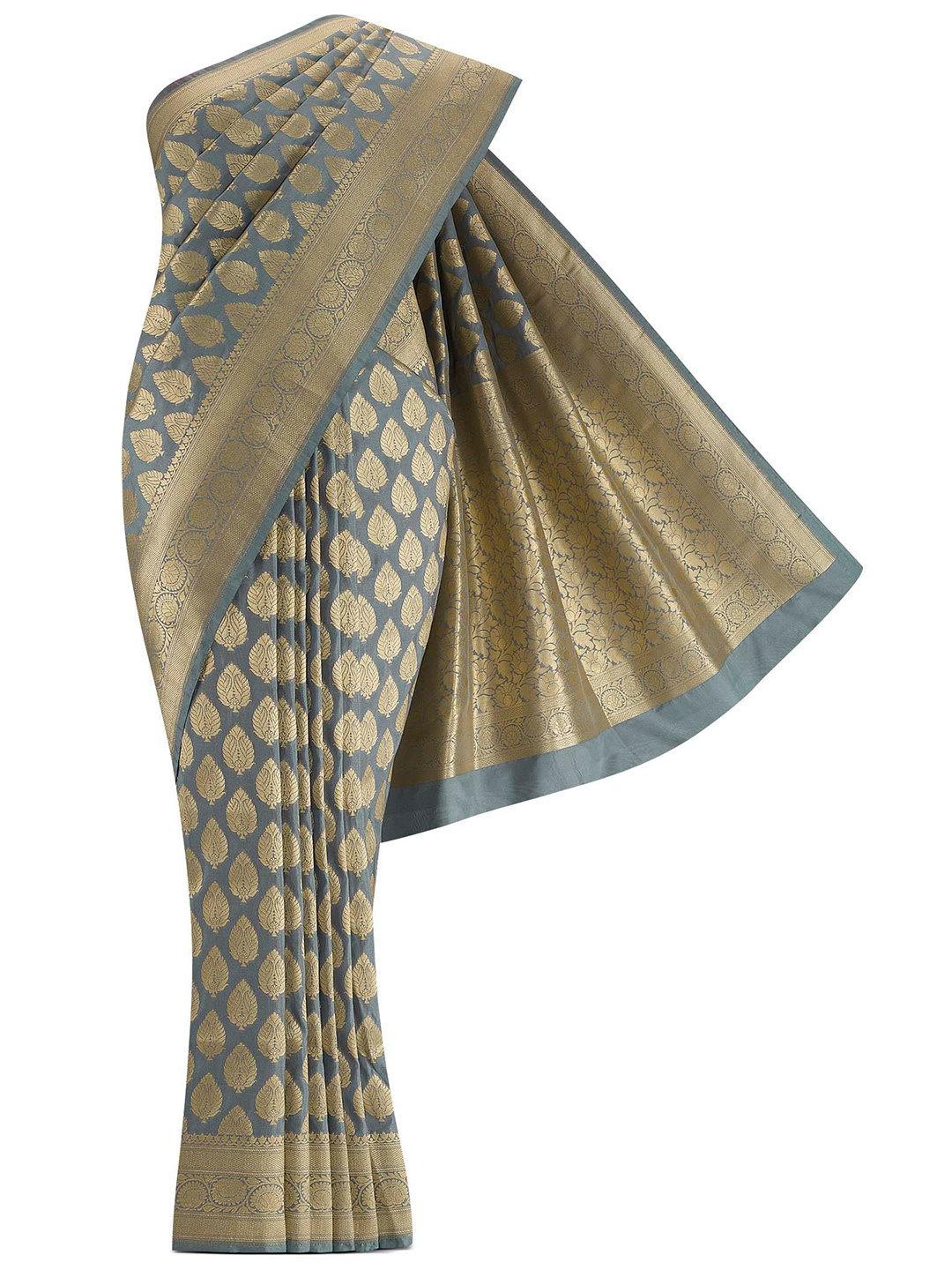 

Nalli Next Grey & Gold-Toned Ethnic Motifs Zari Art Silk Banarasi Saree