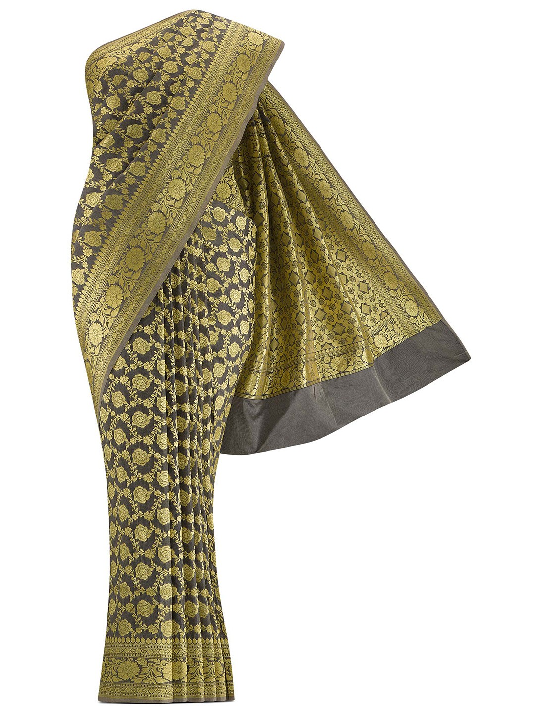 

Nalli Next Gold-Toned & Grey Floral Zari Art Silk Banarasi Saree
