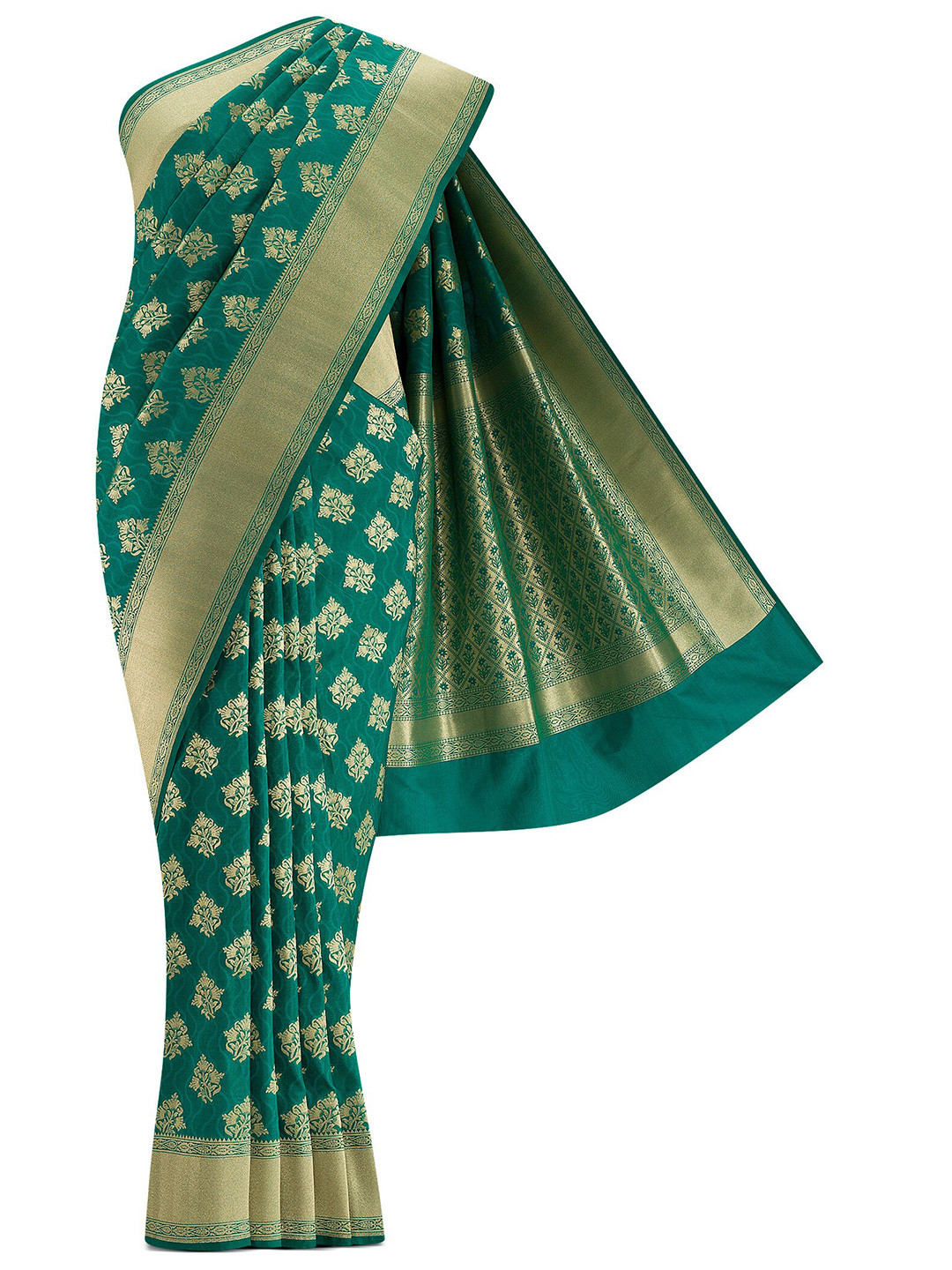 

Nalli Next Green & Gold-Toned Woven Design Zari Art Silk Banarasi Saree