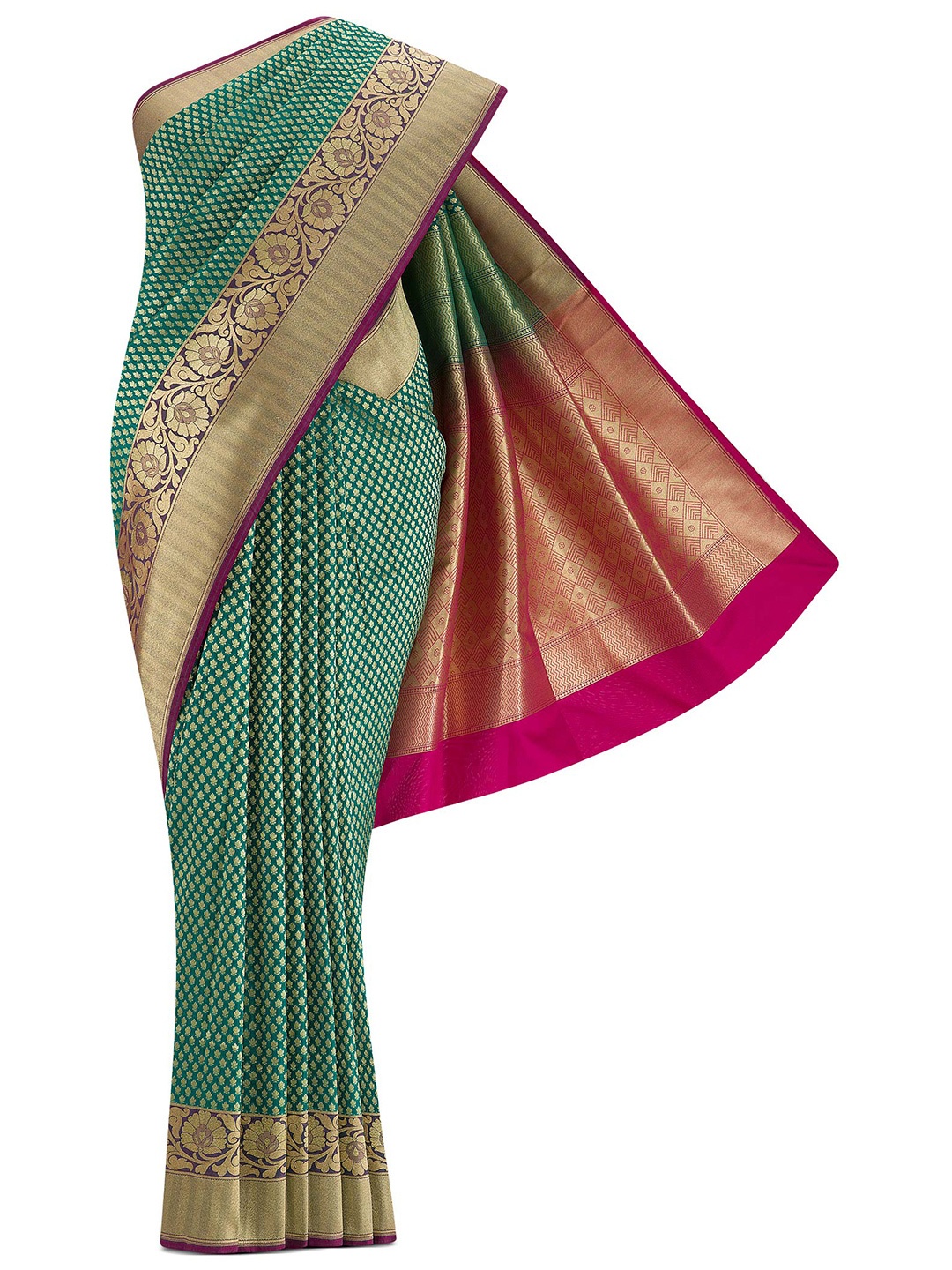 

Nalli Next Green & Gold-Toned Ethnic Motifs Zari Art Silk Banarasi Saree