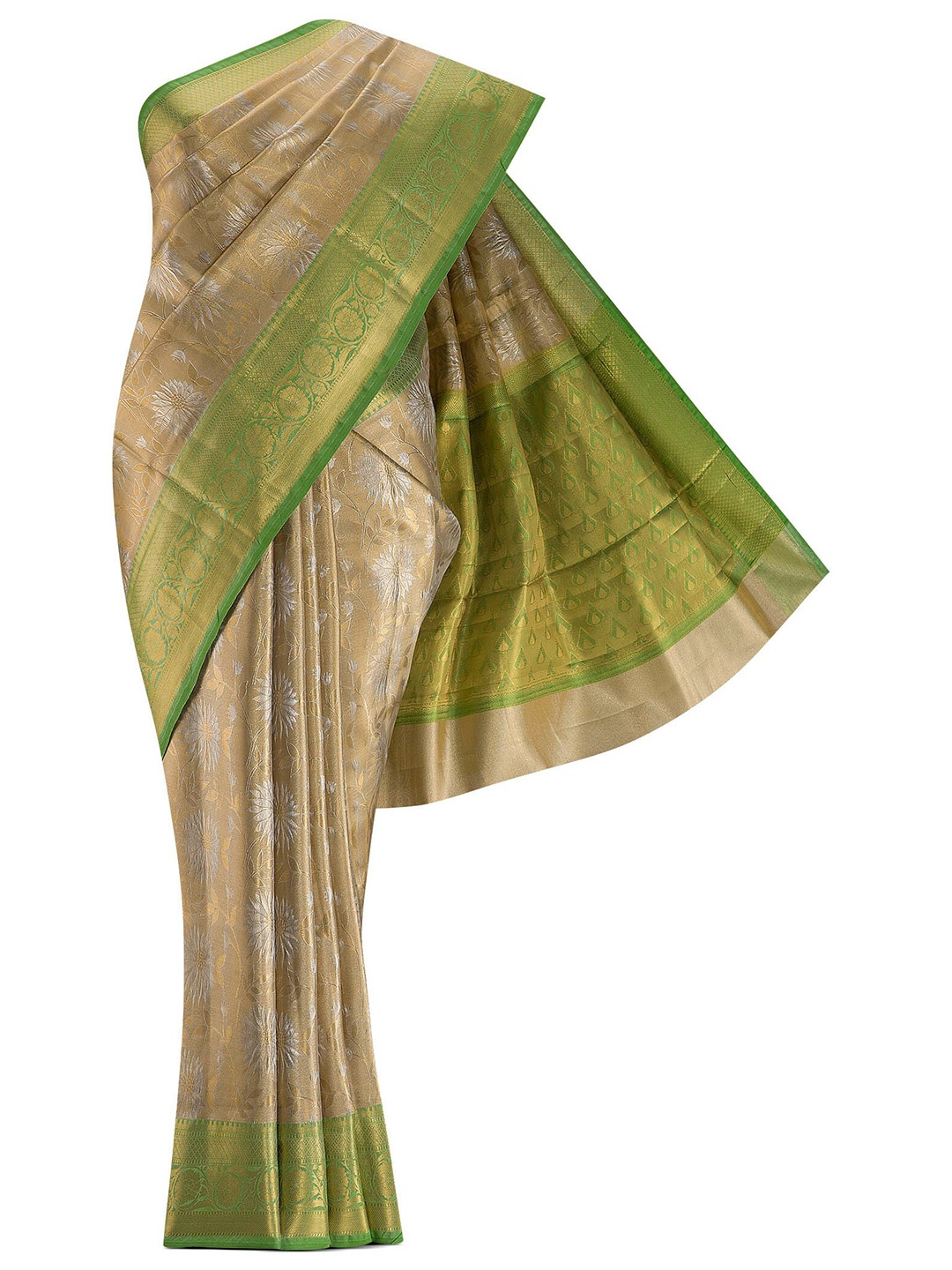 

Nalli Next Gold-Toned & Green Floral Zari Art Silk Saree