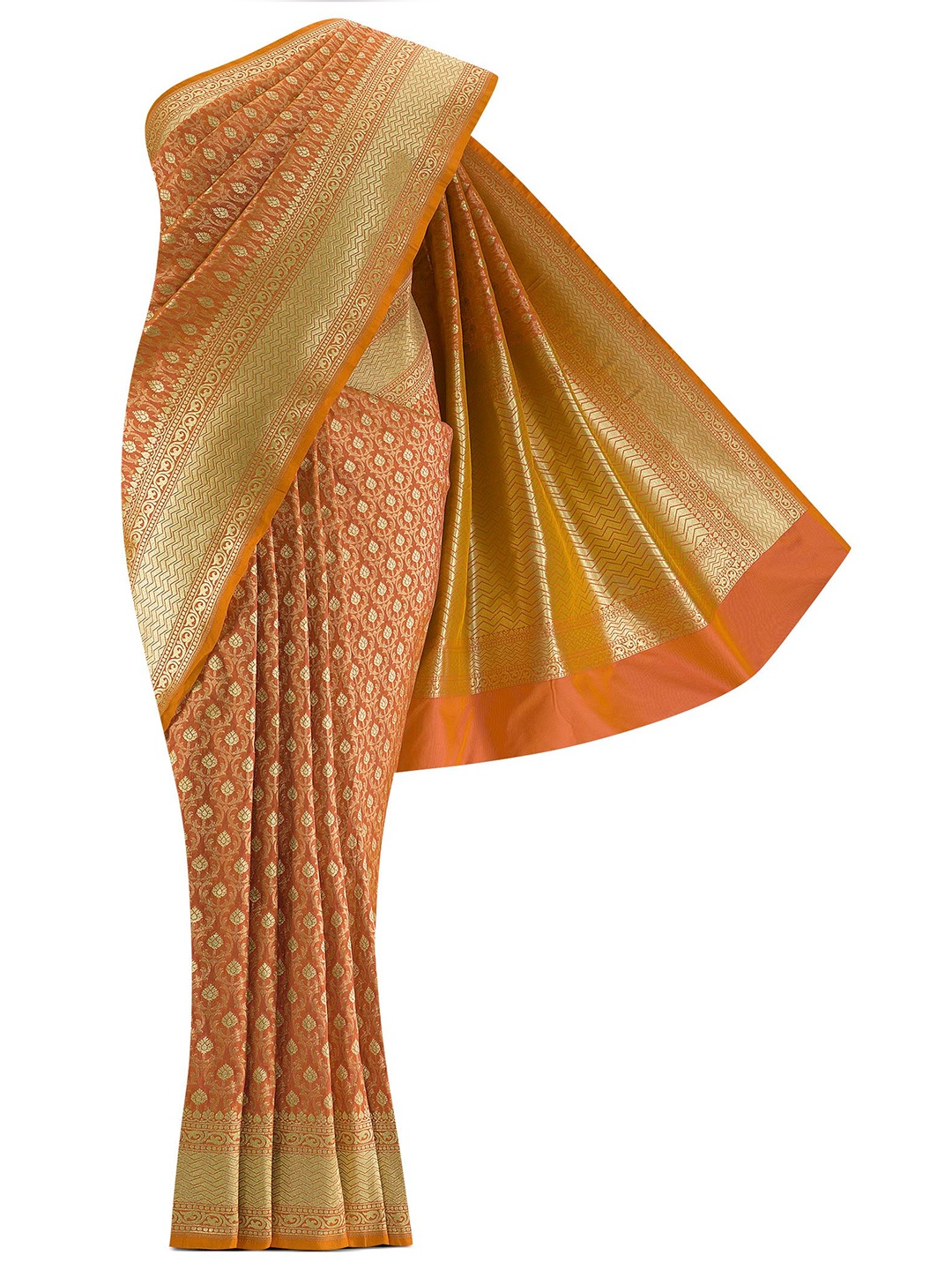 

Nalli Next Orange & Gold-Toned Ethnic Motifs Zari Art Silk Banarasi Saree