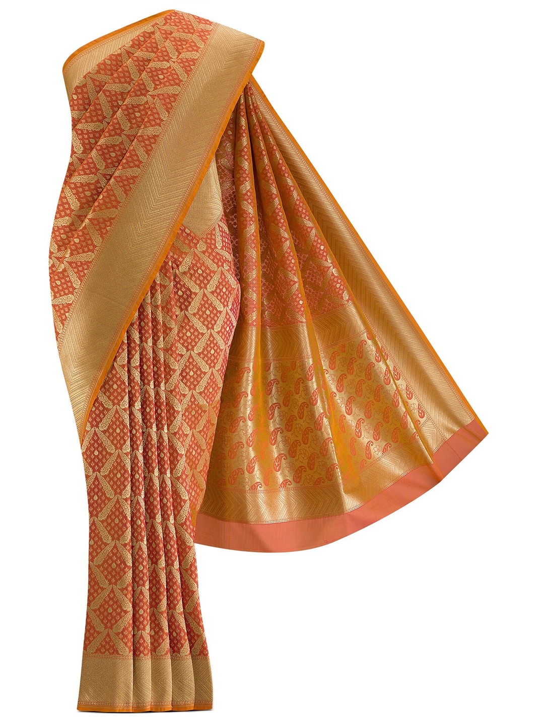 

Nalli Next Orange & Gold-Toned Ethnic Motifs Zari Art Silk Banarasi Saree