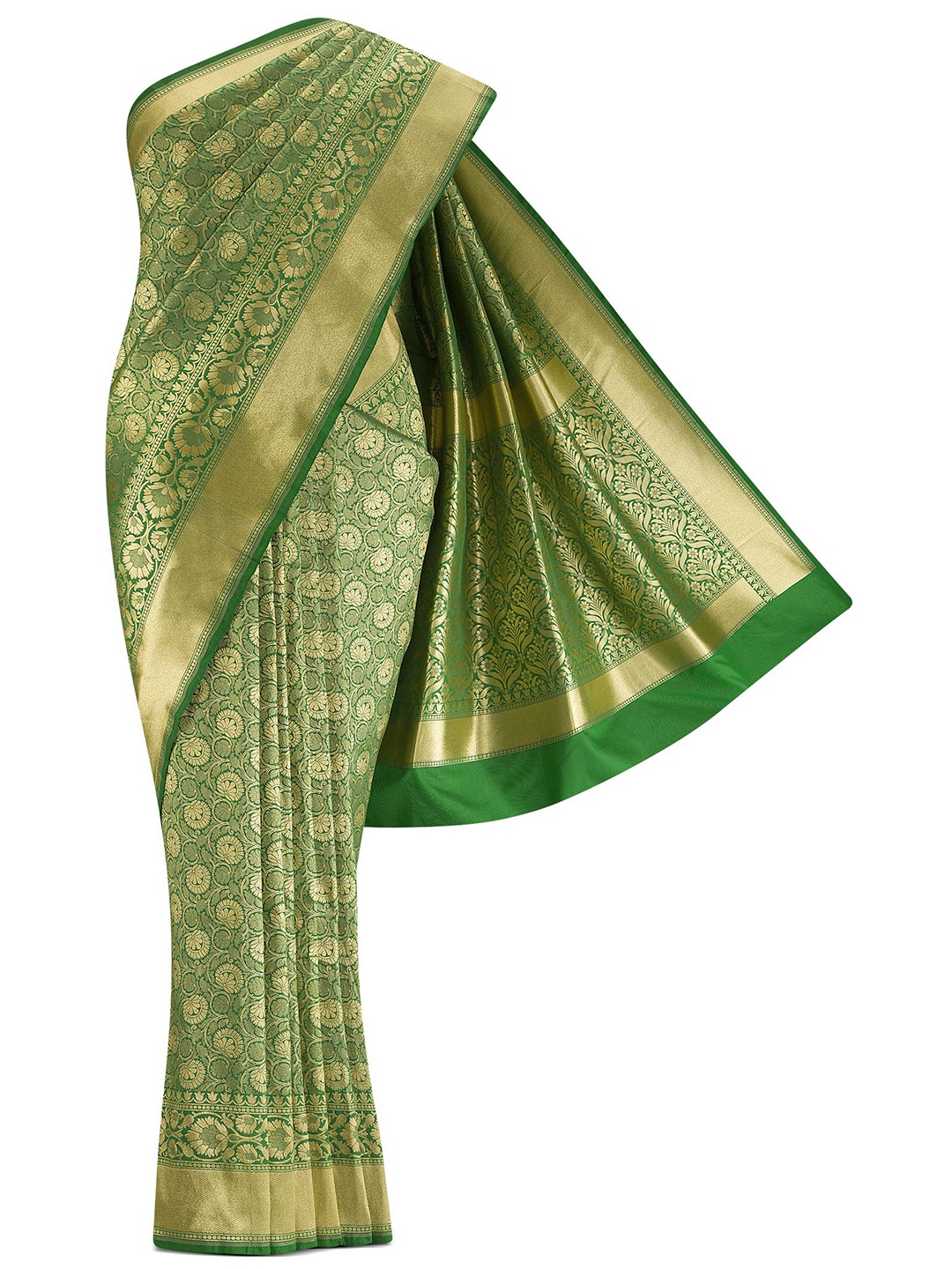 

Nalli Next Green & Gold-Toned Ethnic Motifs Zari Art Silk Banarasi Saree