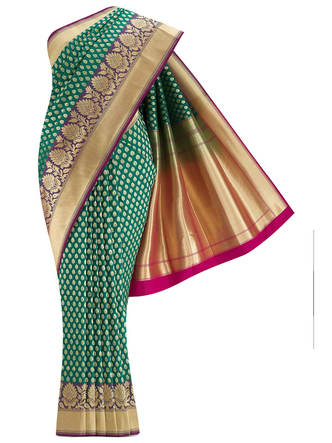 

Nalli Next Green & Gold-Toned Ethnic Motifs Zari Art Silk Banarasi Saree