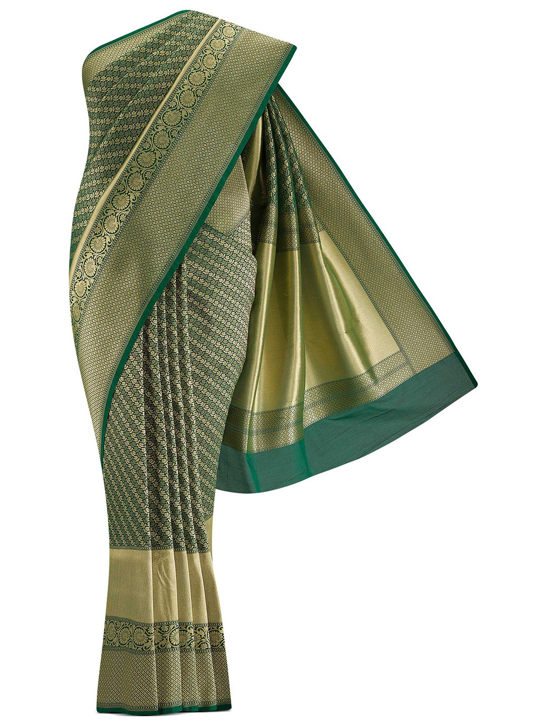 

Nalli Next Green & Gold-Toned Ethnic Motifs Zari Art Silk Banarasi Saree