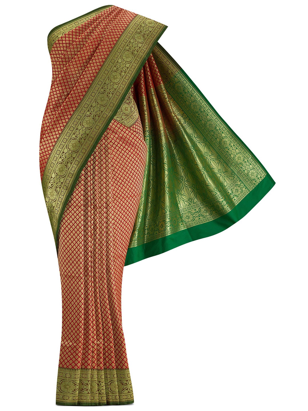 

Nalli Next Red & Green Ethnic Motifs Zari Art Silk Banarasi Saree