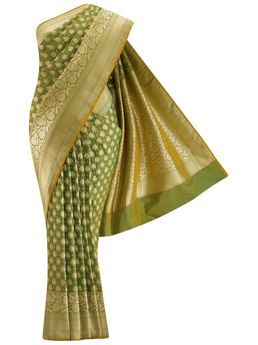 

Nalli Next Green & Gold-Toned Ethnic Motifs Zari Art Silk Banarasi Saree