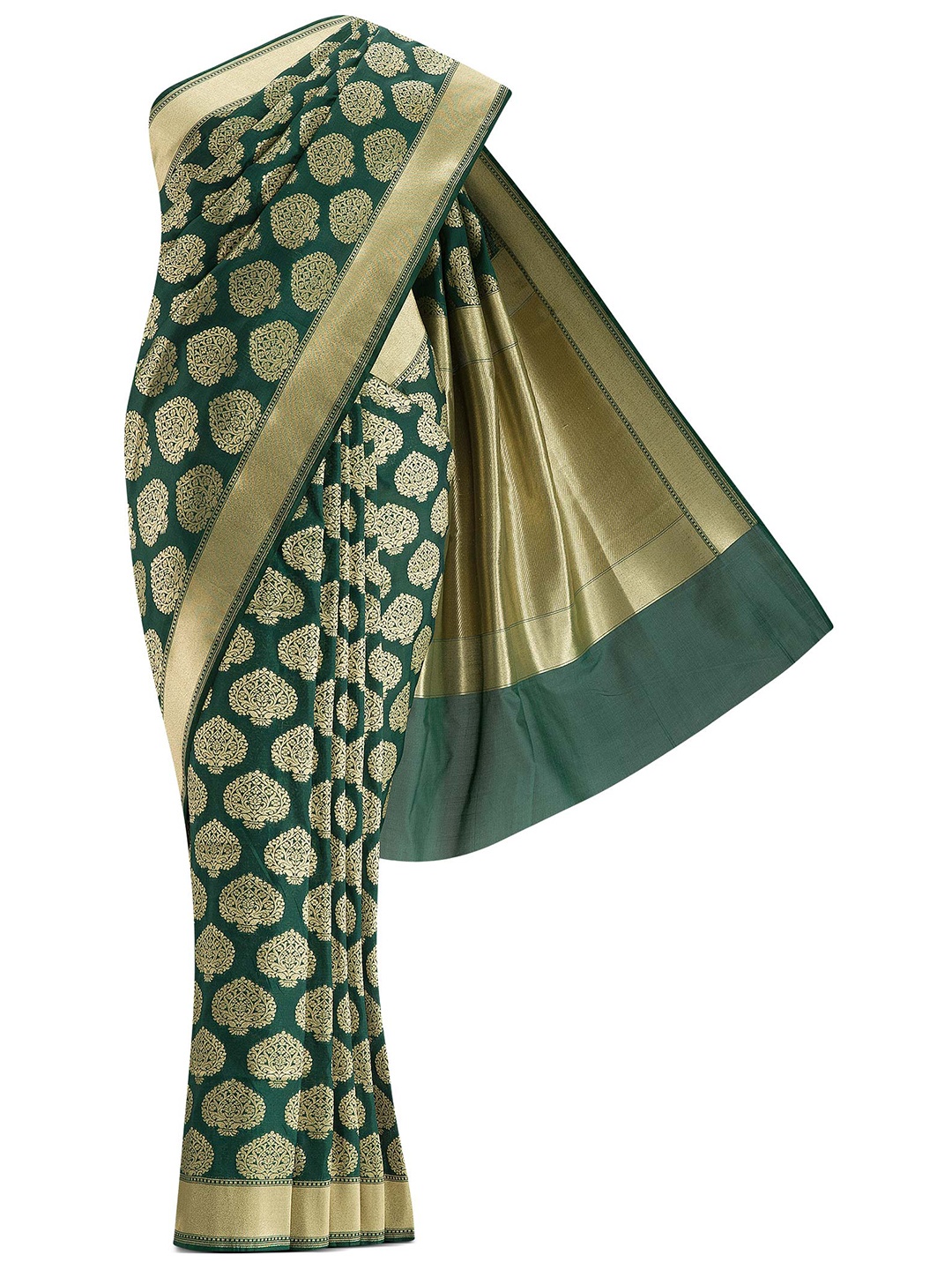 

Nalli Next Green & Golden Ethnic Motifs Zari Art Silk Banarasi Saree