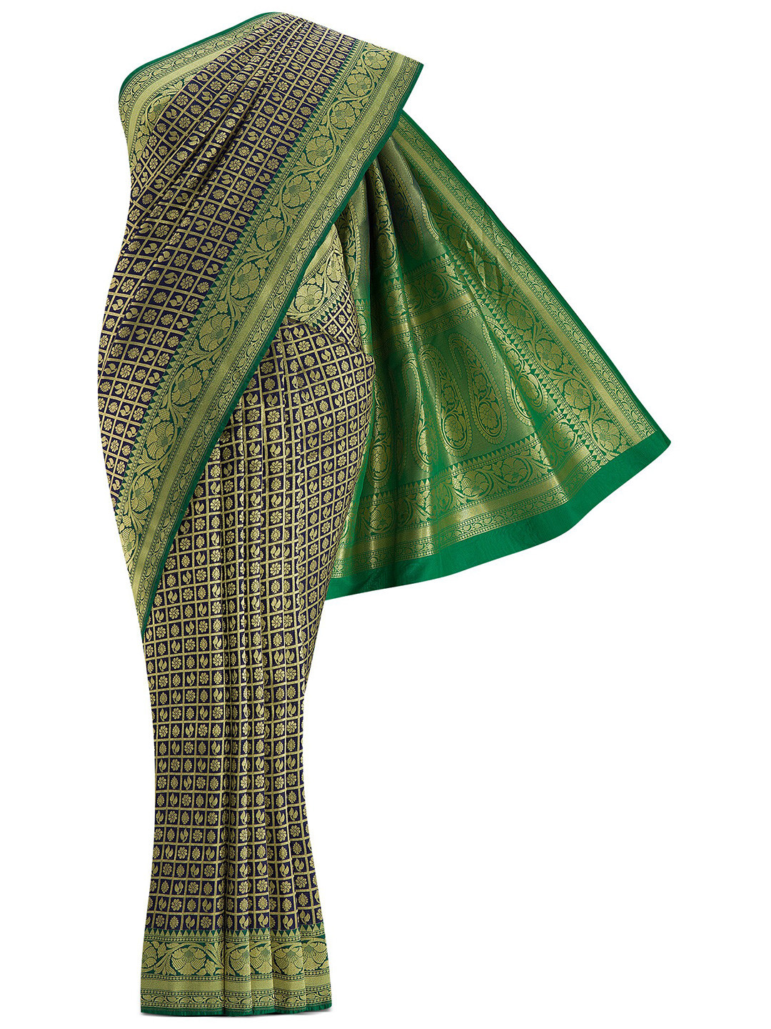 

Nalli Next Navy Blue & Green Woven Design Zari Art Silk Banarasi Saree