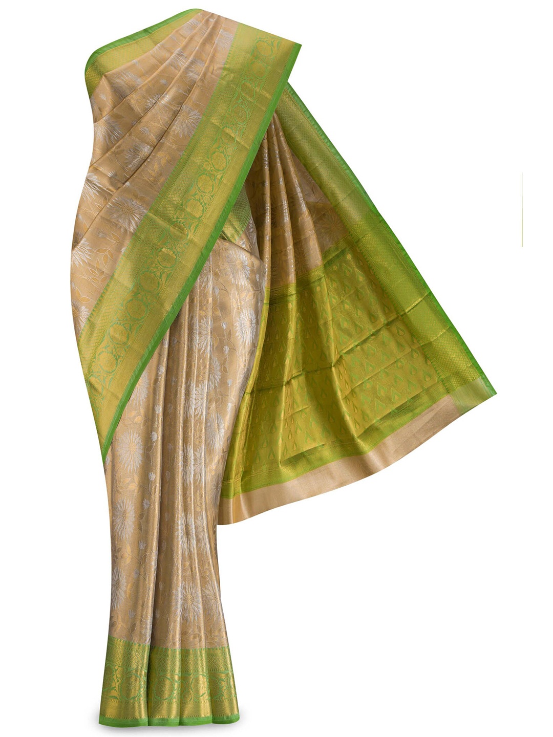 

Nalli Next Golden & Green Ethnic Motifs Art Silk Saree, Gold