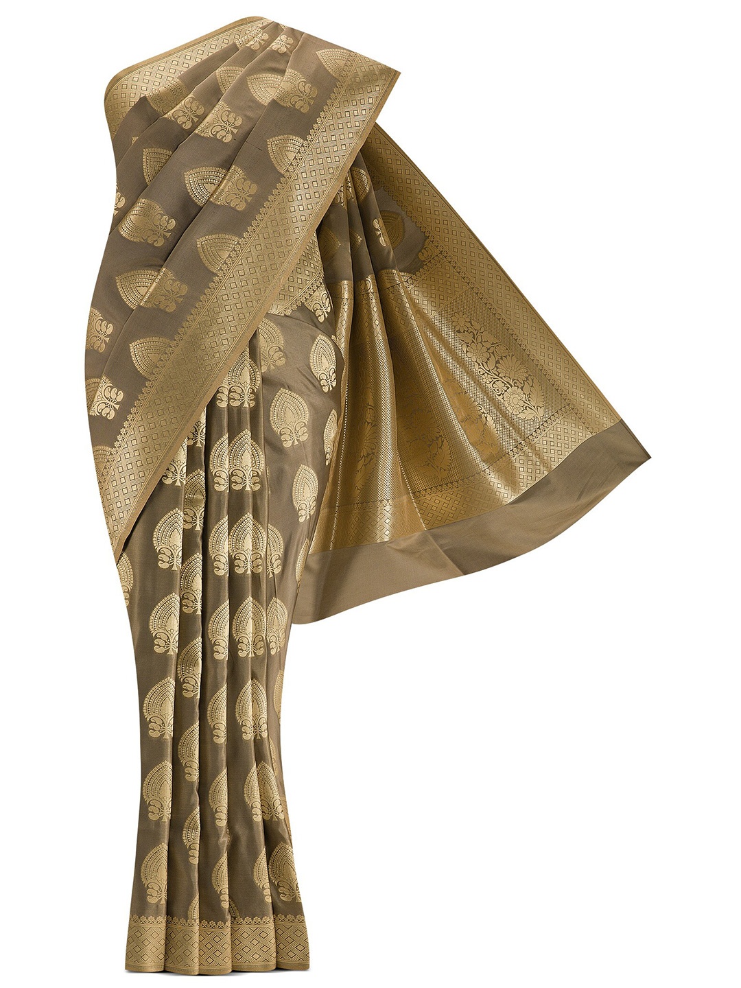 

Nalli Next Grey & Gold-Toned Ethnic Motifs Zari Art Silk Banarasi Saree