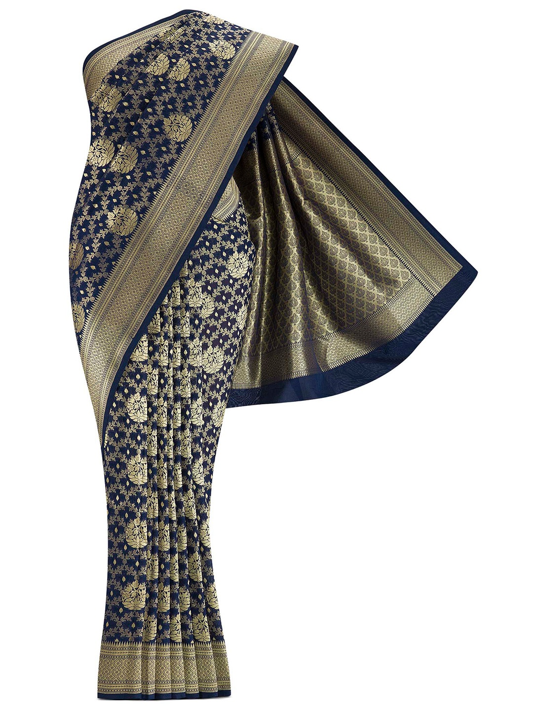 

Nalli Next Navy Blue & Gold-Toned Woven Design Zari Art Silk Banarasi Saree