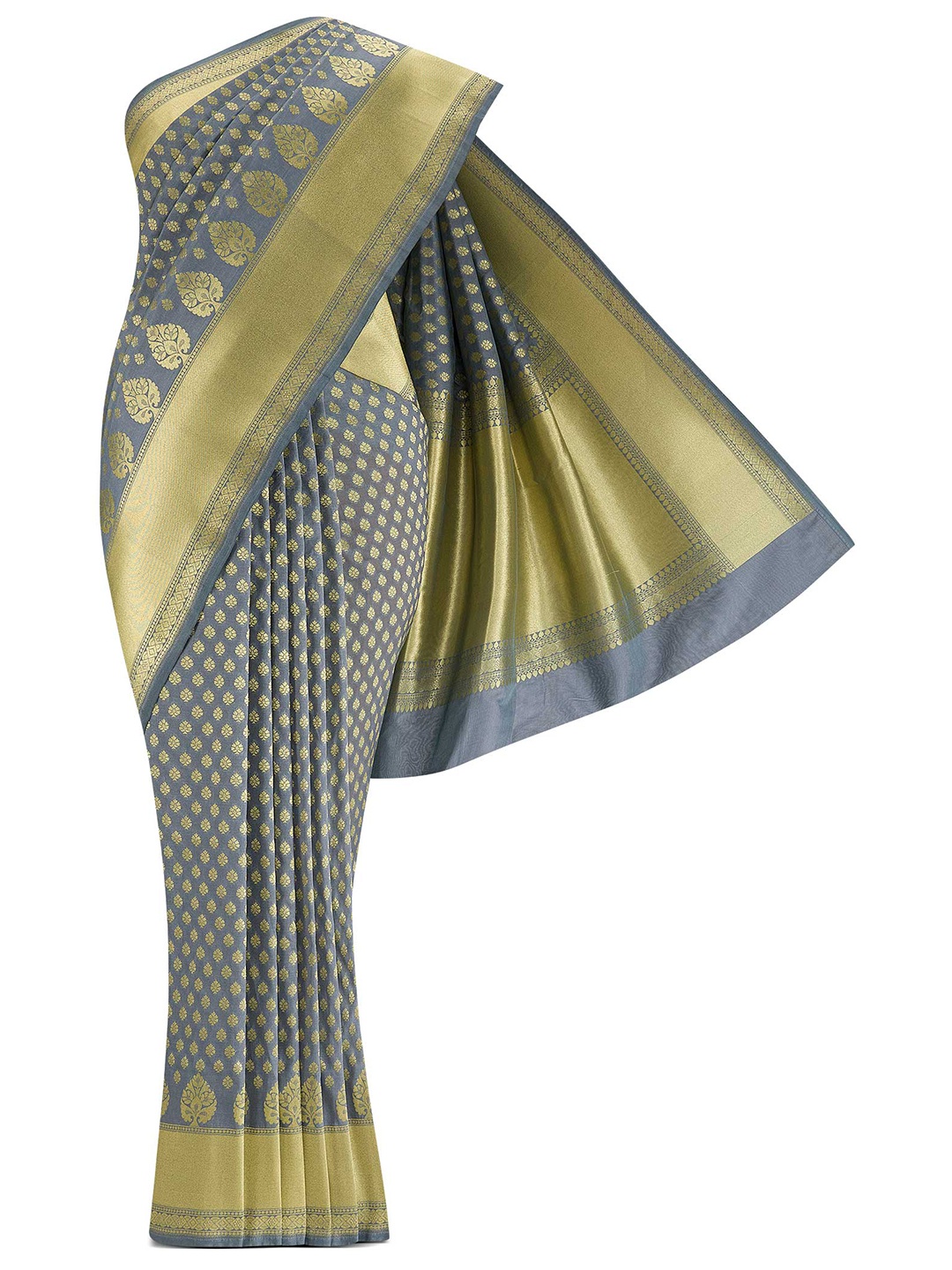 

Nalli Next Grey & Gold-Toned Ethnic Motifs Zari Art Silk Banarasi Saree