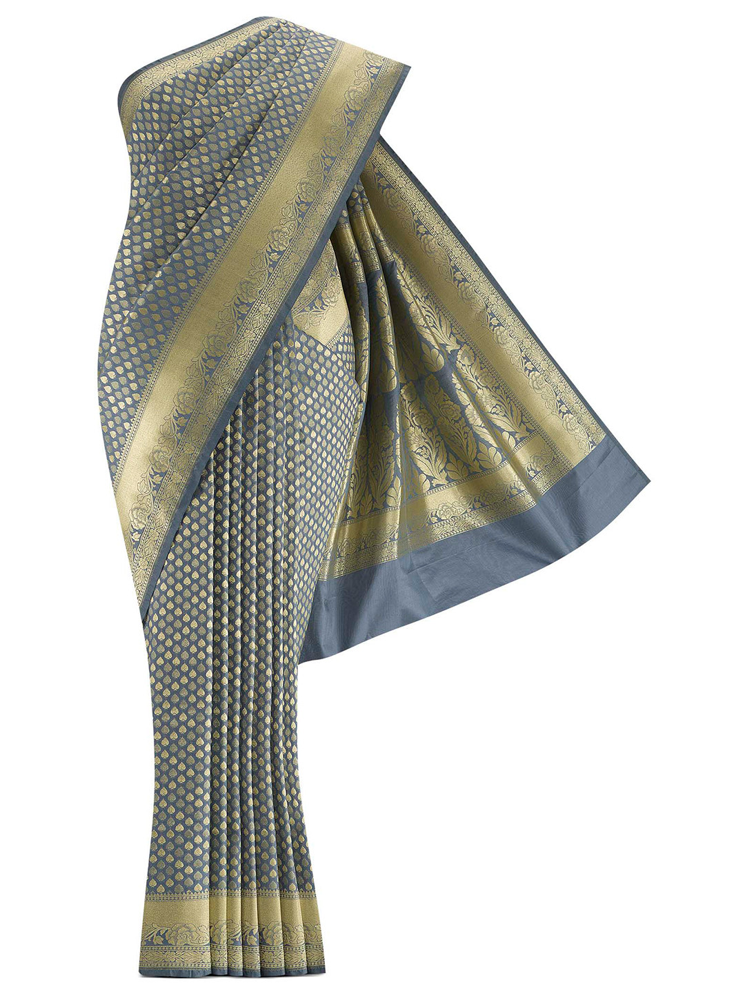 

Nalli Next Grey & Gold-Toned Ethnic Motifs Zari Art Silk Banarasi Saree