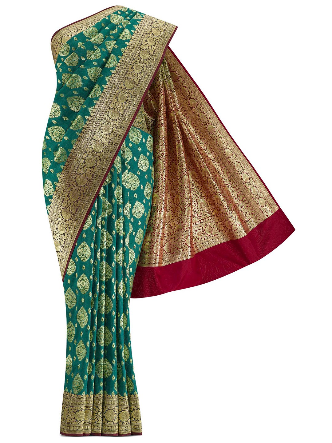 

Nalli Next Green & Gold-Toned Ethnic Motifs Zari Art Silk Banarasi Saree