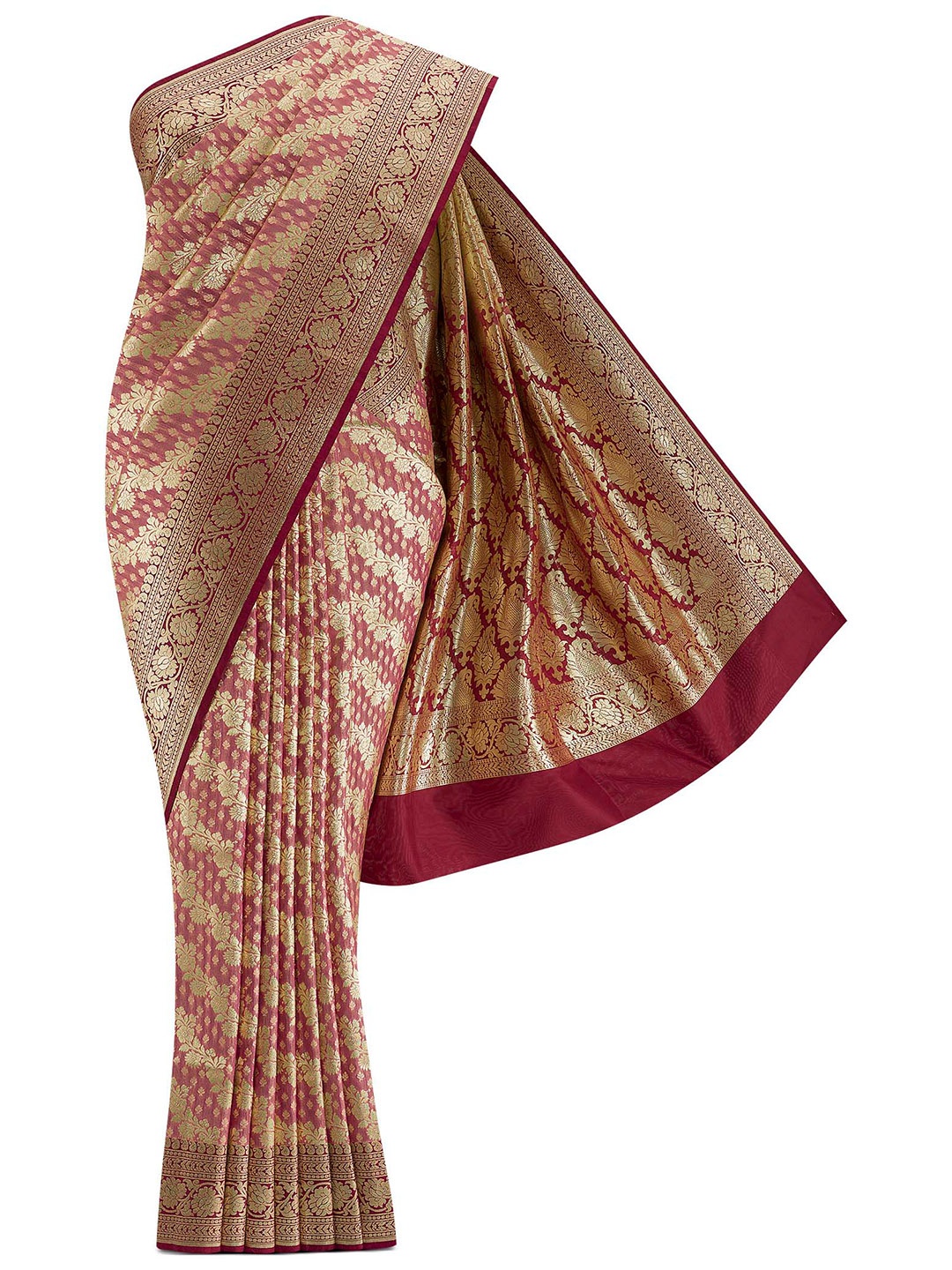 

Nalli Next Pink & Gold-Toned Ethnic Motifs Zari Art Silk Banarasi Saree