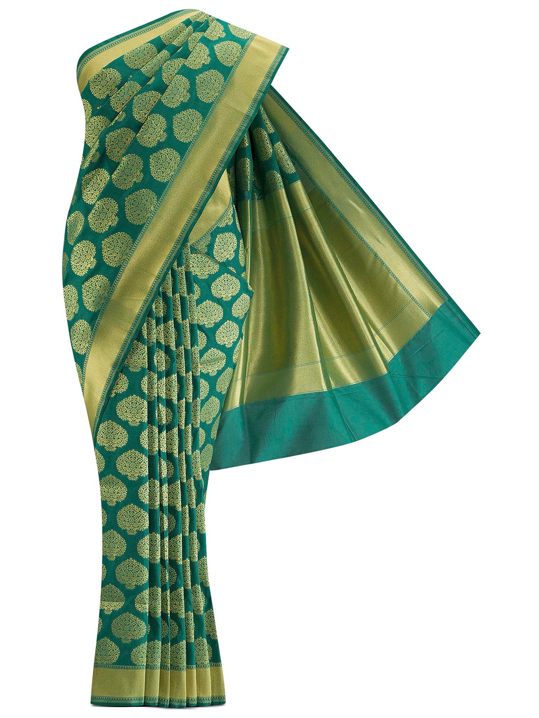 

Nalli Next Green & Gold-Toned Ethnic Motifs Zari Art Silk Banarasi Saree