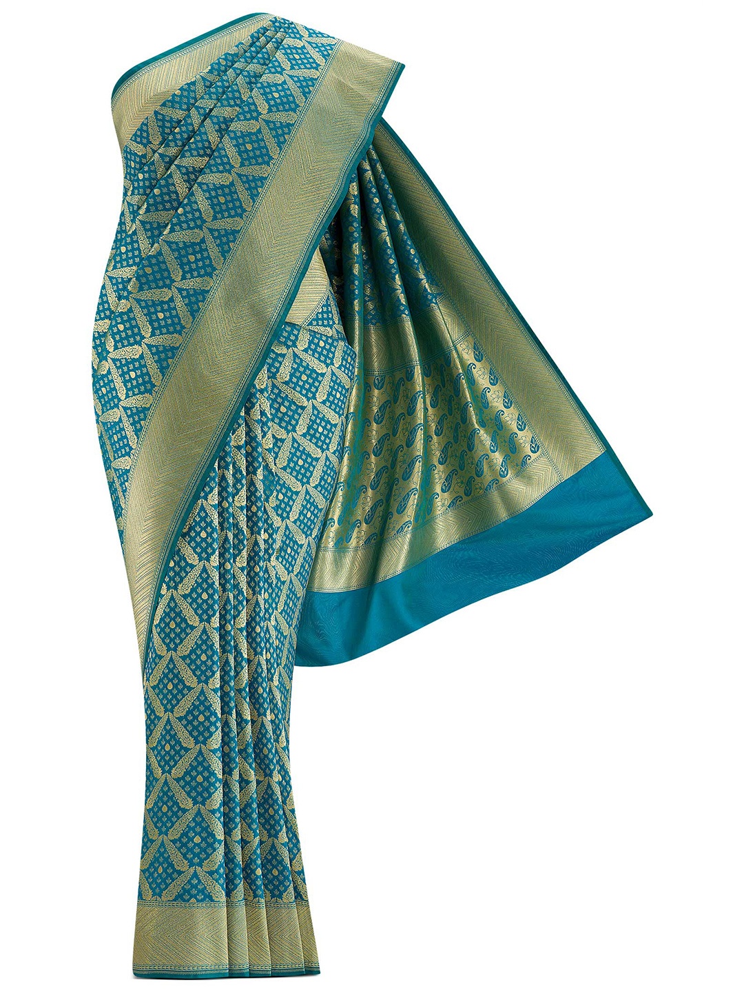 

Nalli Next Blue & Gold-Toned Woven Design Zari Art Silk Banarasi Saree