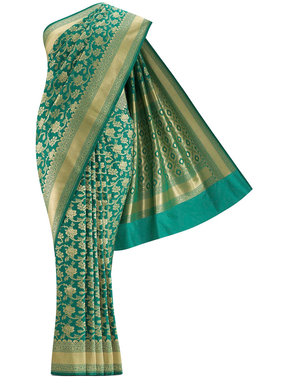 

Nalli Next Green & Gold-Toned Floral Zari Art Silk Banarasi Saree