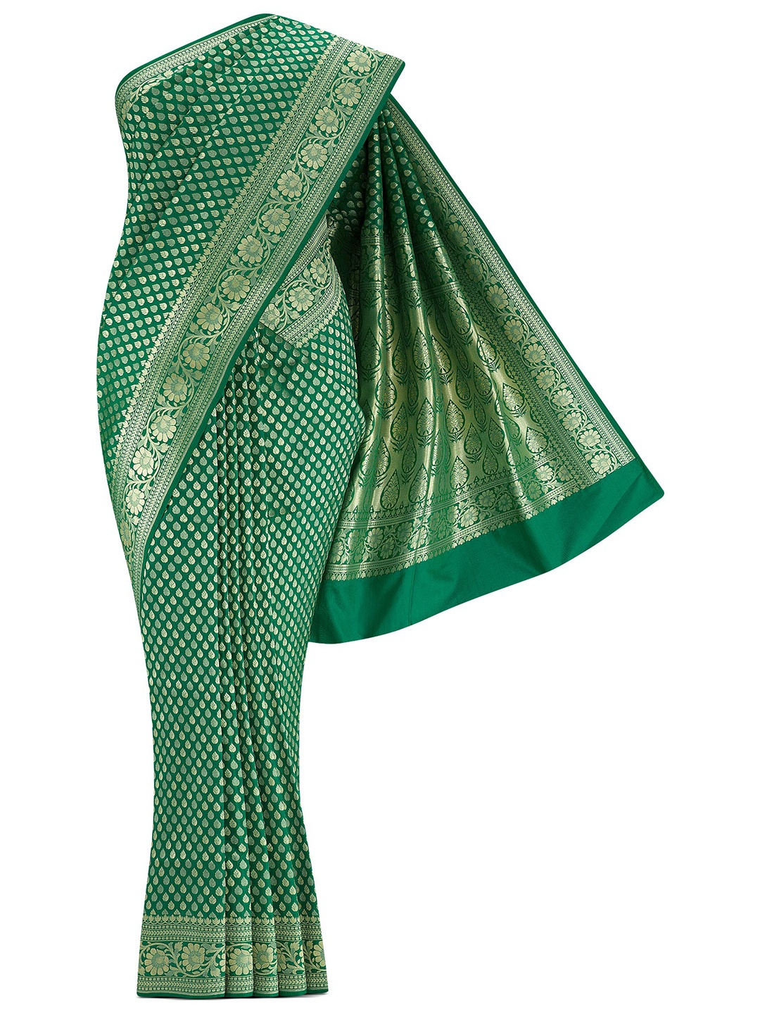 

Nalli Next Green & Gold-Toned Woven Design Zari Art Silk Banarasi Saree