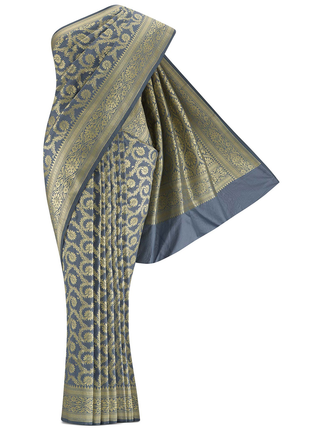 

Nalli Next Grey & Gold-Toned Woven Design Zari Art Silk Banarasi Saree