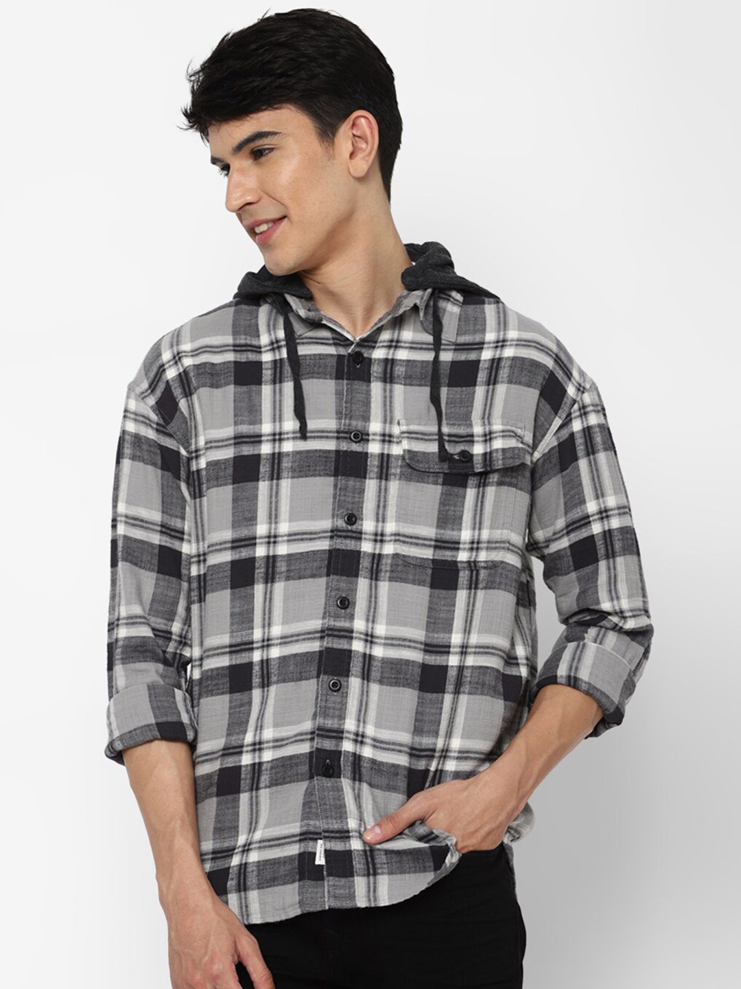 

AMERICAN EAGLE OUTFITTERS Men Grey Tartan Checks Checked Casual Shirt