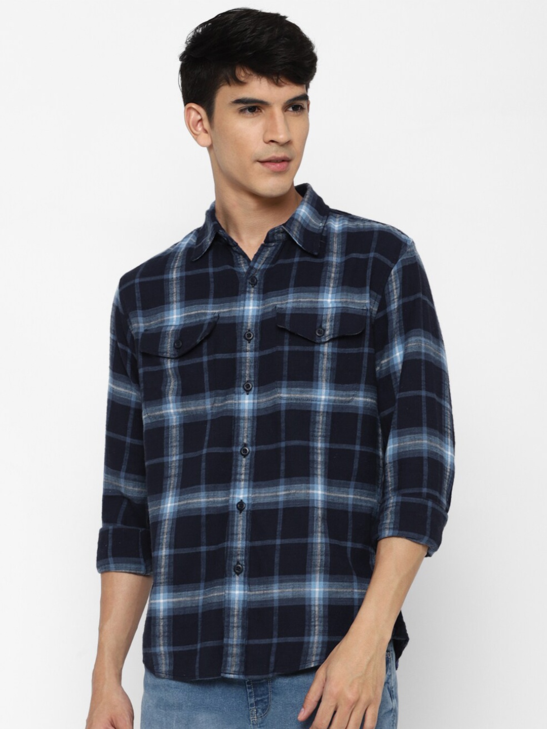 

AMERICAN EAGLE OUTFITTERS Men Navy Blue Tartan Checked Casual Shirt