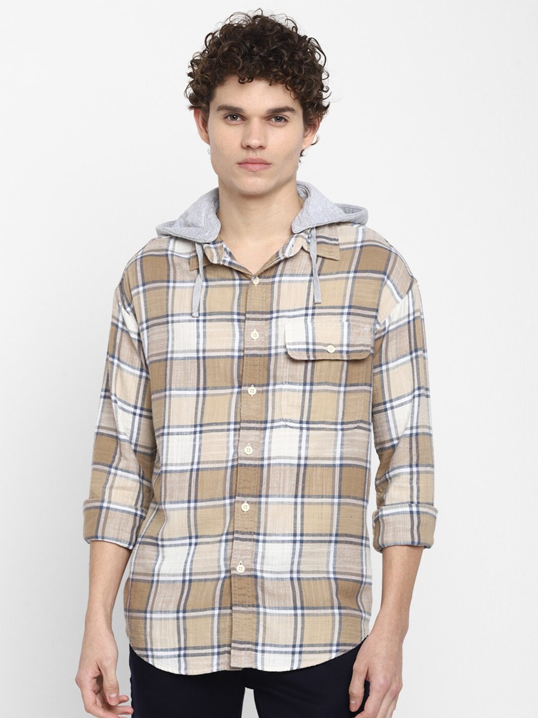 

AMERICAN EAGLE OUTFITTERS Men Beige Tartan Checked Casual Shirt