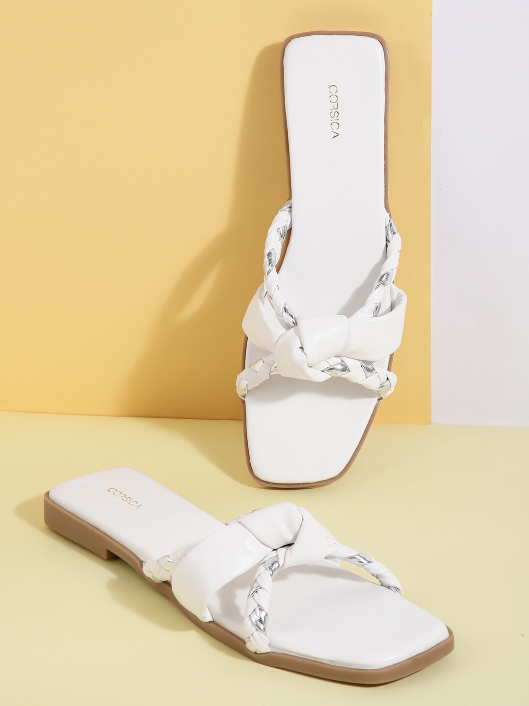 

CORSICA Women White & Silver-Toned Braided Detail Open Toe Flats