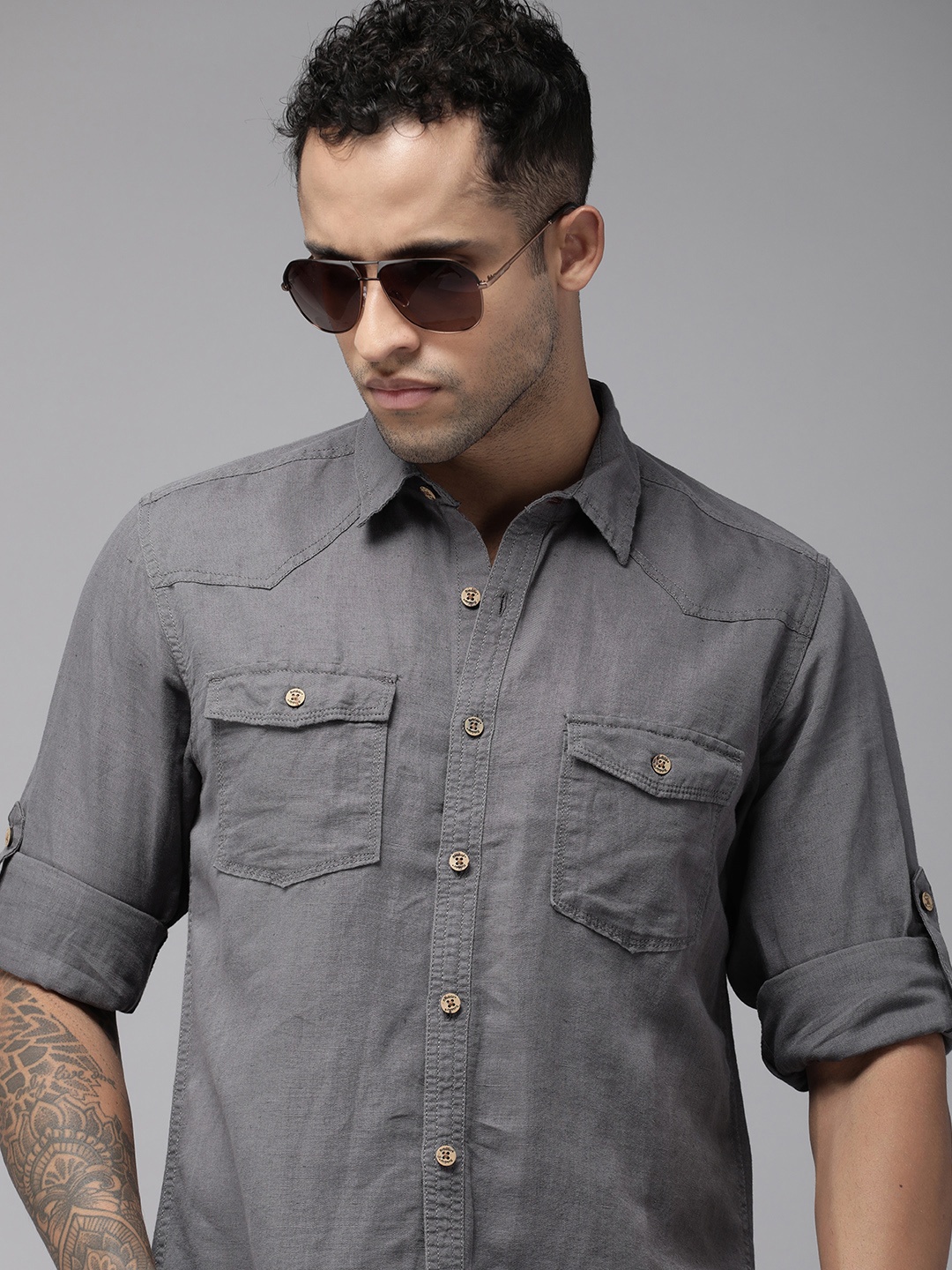 

Roadster Men Grey Casual Cotton Linen Shirt