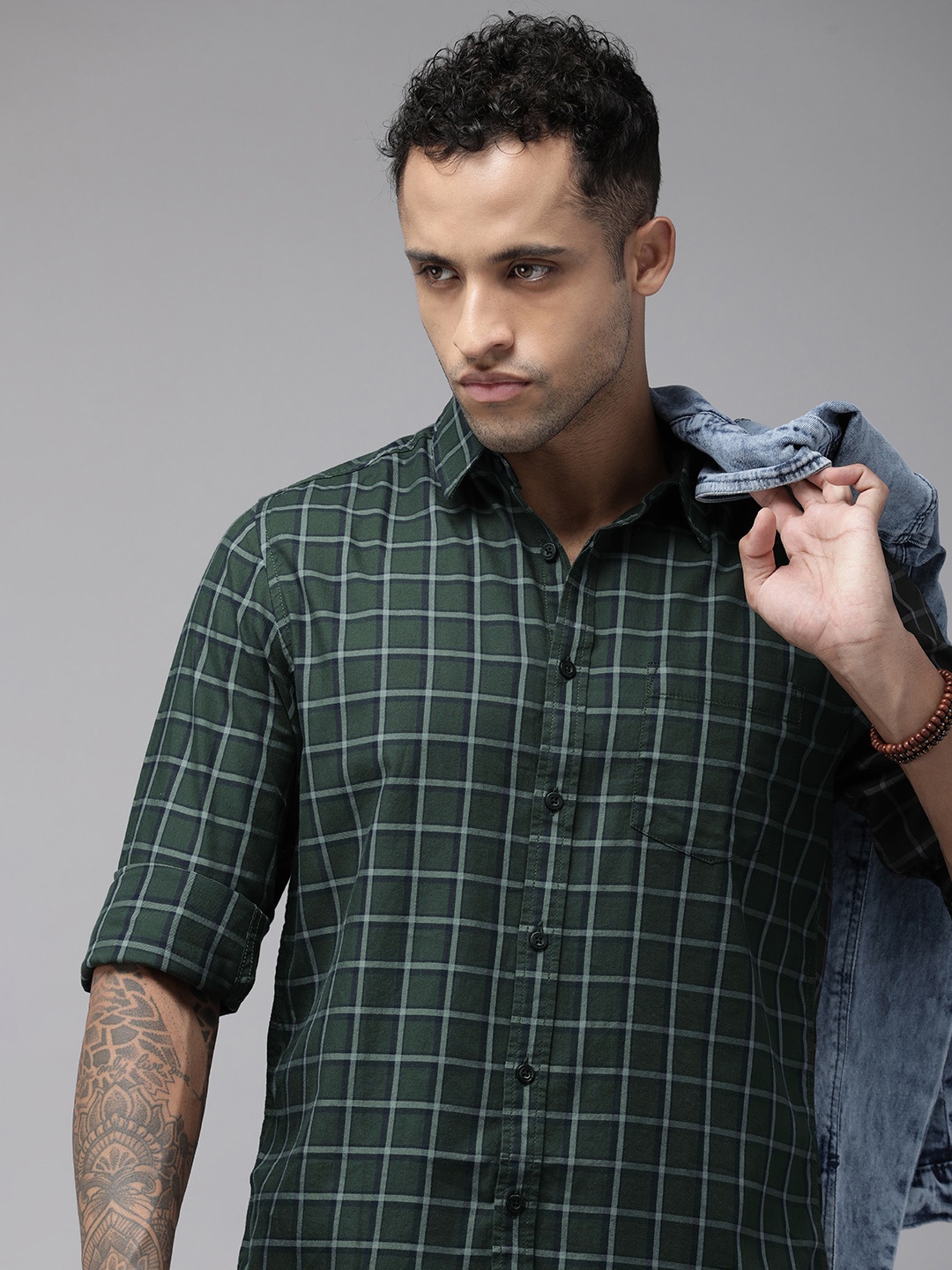 

Roadster Men Green Grid Tattersall Checks Checked Casual Shirt