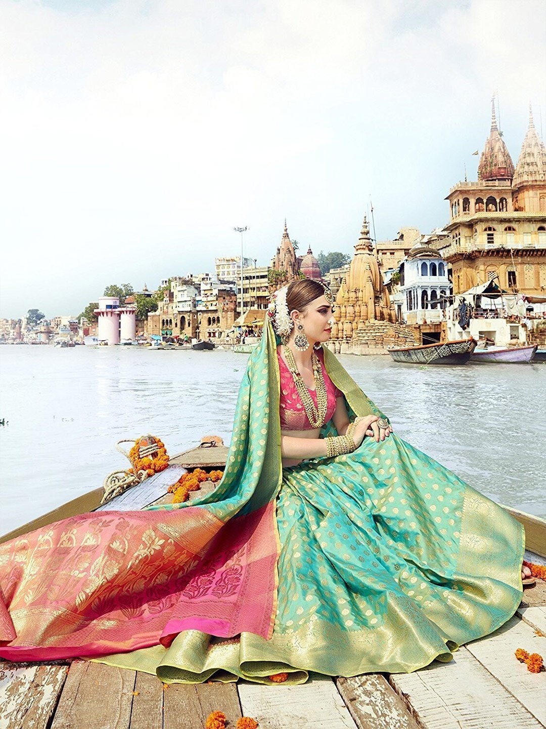 

Ethnic Junction Green & Red Ethnic Motifs Zari Silk Blend Banarasi Saree