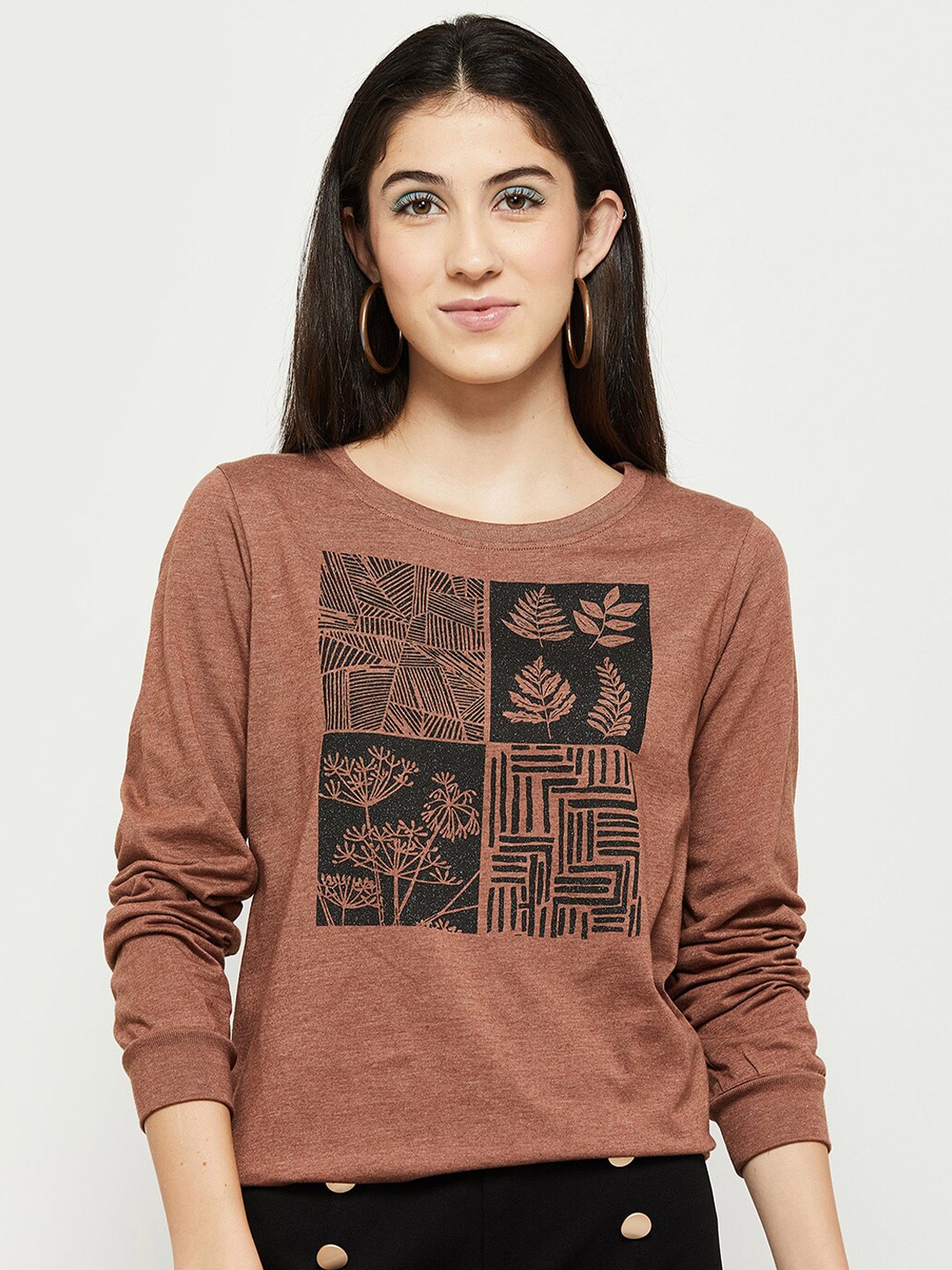 

max Women Brown Printed Sweatshirt