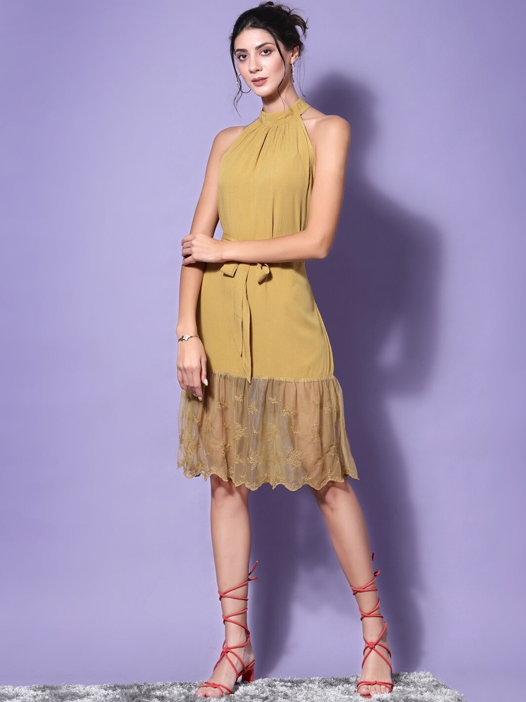 

KASSUALLY Yellow Halter Neck A-Line Dress