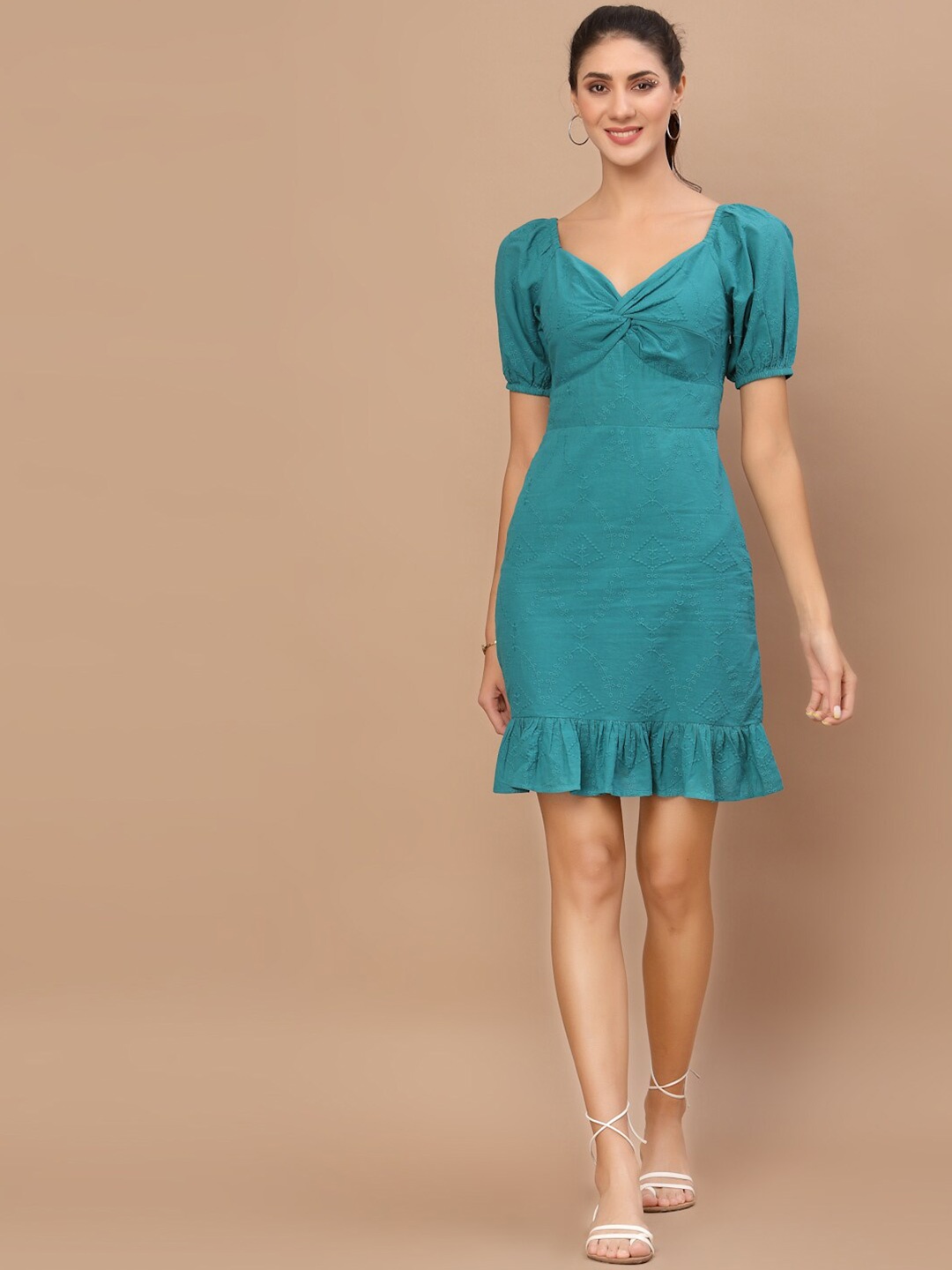 

KASSUALLY Women Blue Embroidered A-Line Twist And Knot Dress