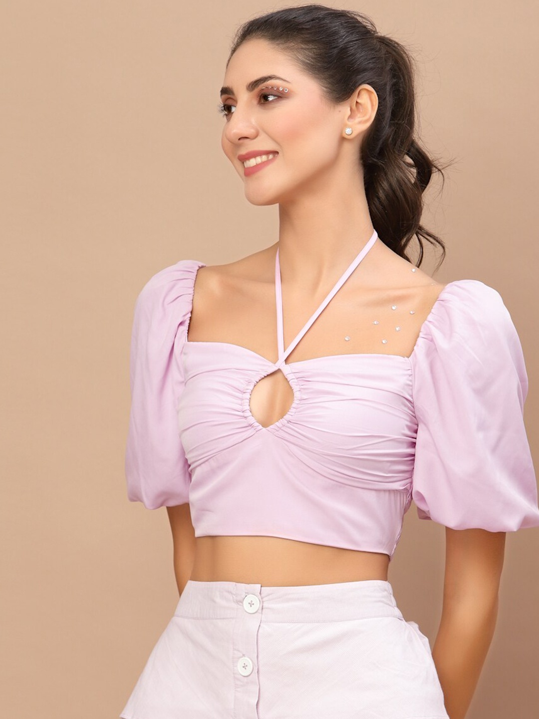 

KASSUALLY Purple Crepe Ruched Crop Top