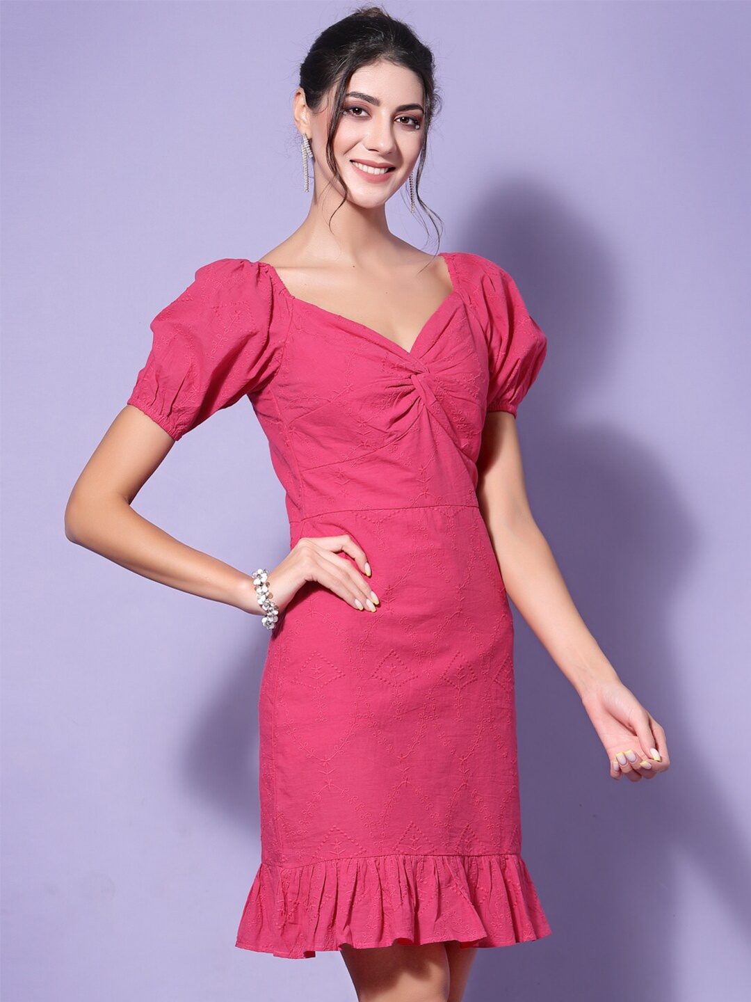 

KASSUALLY Women Fuchsia Schiffli Twist And Knot Sheath Dress