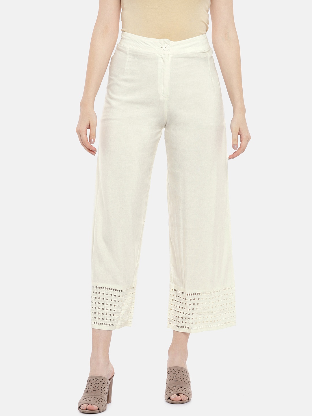 

Global Desi Women Cream-Coloured Solid Parallel Trousers