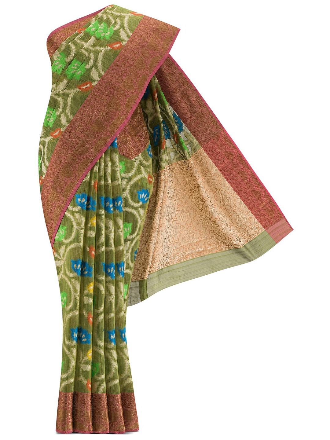 

Nalli Next Green & Pink Woven Design Zari Silk Cotton Banarasi Saree