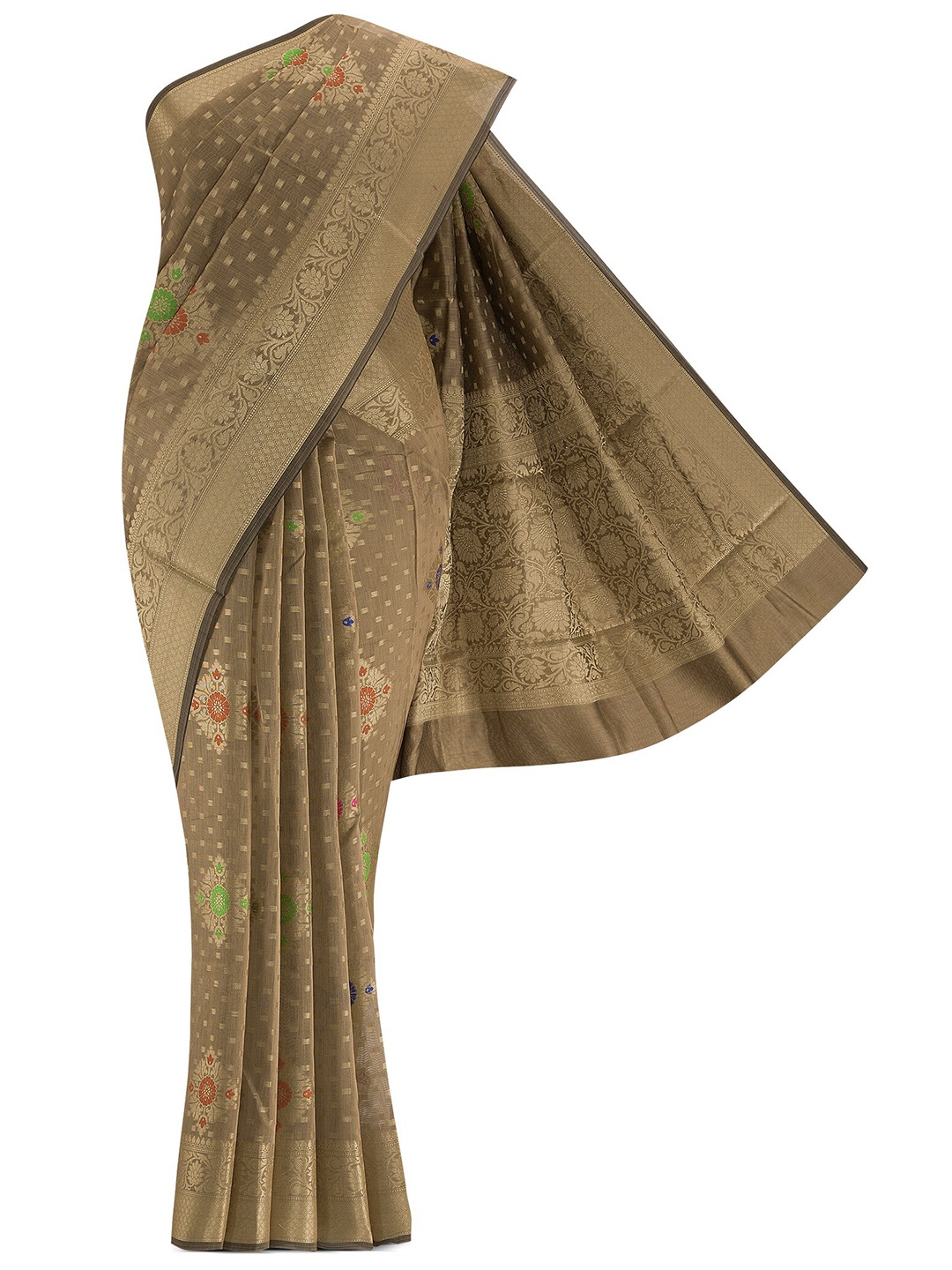 

Nalli Next Beige & Green Woven Design Zari Silk Cotton Banarasi Saree