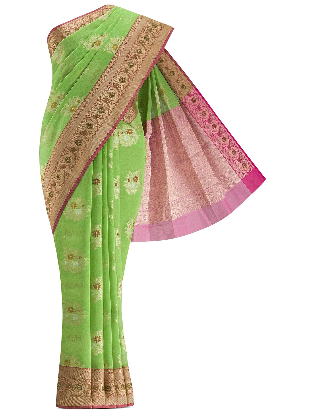 

Nalli Next Green & Pink Woven Design Zari Silk Cotton Banarasi Saree