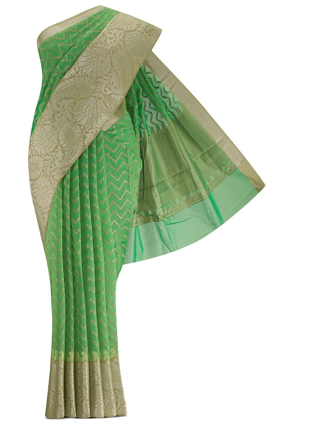 

Nalli Next Green & Gold-Toned Woven Design Zari Silk Cotton Saree