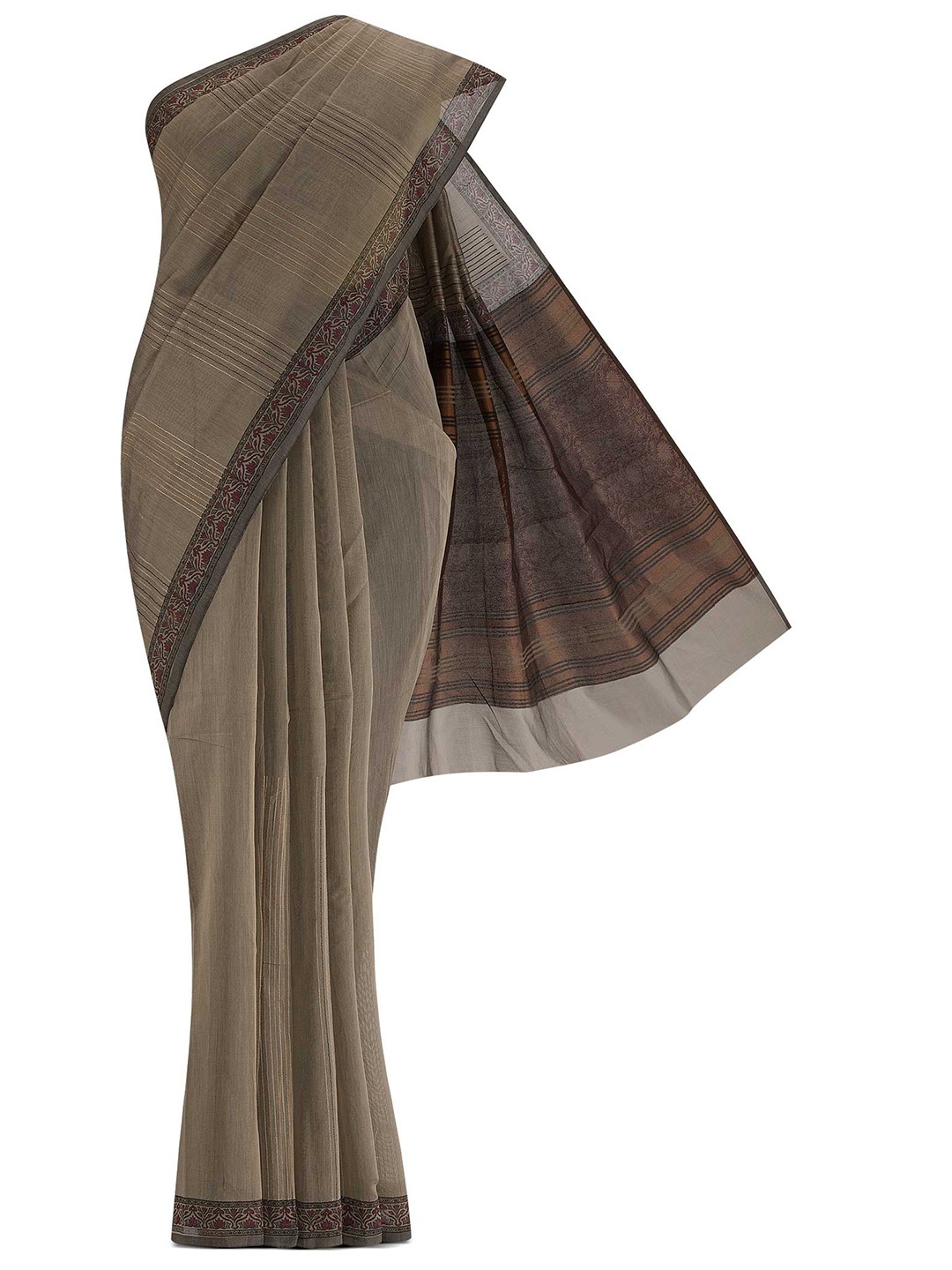 

Nalli Next Women Grey & Brown Striped Silk Cotton Saree